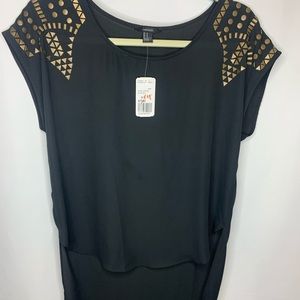 Black sheer shirt. Short in the front long in back. Never worn with tag